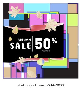 Autumn sale memphis style web banner. Fashion and travel discount poster. Vector holiday Abstract colorful illustration with special offer and promotion.