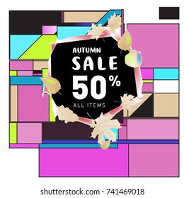 Autumn sale memphis style web banner. Fashion and travel discount poster. Vector holiday Abstract colorful illustration with special offer and promotion.
