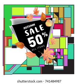 Autumn sale memphis style web banner. Fashion and travel discount poster. Vector holiday Abstract colorful illustration with special offer and promotion.