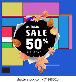 Autumn sale memphis style web banner. Fashion and travel discount poster. Vector holiday Abstract colorful illustration with special offer and promotion.
