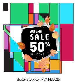 Autumn sale memphis style web banner. Fashion and travel discount poster. Vector holiday Abstract colorful illustration with special offer and promotion.
