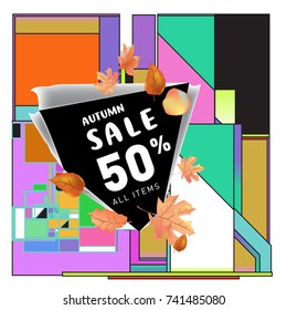 Autumn sale memphis style web banner. Fashion and travel discount poster. Vector holiday Abstract colorful illustration with special offer and promotion.