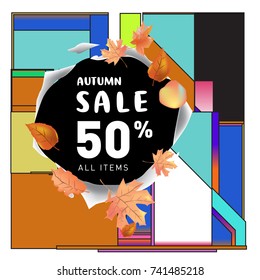 Autumn sale memphis style web banner. Fashion and travel discount poster. Vector holiday Abstract colorful illustration with special offer and promotion.