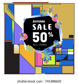 Autumn sale memphis style web banner. Fashion and travel discount poster. Vector holiday Abstract colorful illustration with special offer and promotion.