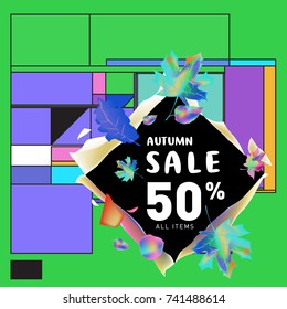 Autumn sale memphis style web banner. Fashion and travel discount poster. Vector holiday Abstract colorful illustration with special offer and promotion.