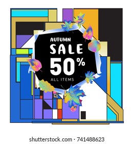 Autumn sale memphis style web banner. Fashion and travel discount poster. Vector holiday Abstract colorful illustration with special offer and promotion.