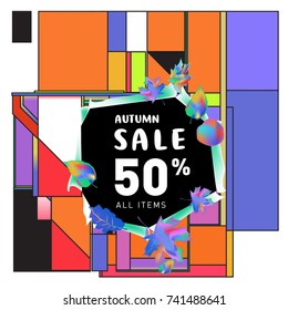 Autumn sale memphis style web banner. Fashion and travel discount poster. Vector holiday Abstract colorful illustration with special offer and promotion.
