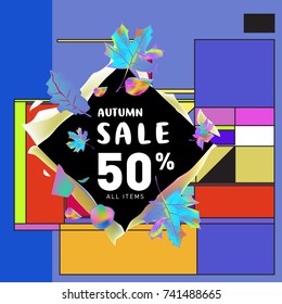 Autumn sale memphis style web banner. Fashion and travel discount poster. Vector holiday Abstract colorful illustration with special offer and promotion.