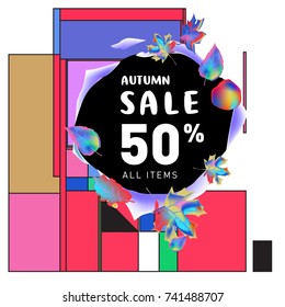 Autumn sale memphis style web banner. Fashion and travel discount poster. Vector holiday Abstract colorful illustration with special offer and promotion.