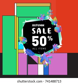 Autumn sale memphis style web banner. Fashion and travel discount poster. Vector holiday Abstract colorful illustration with special offer and promotion.