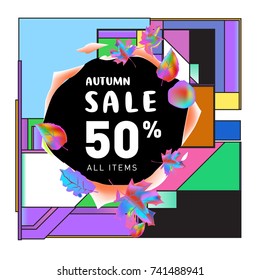 Autumn sale memphis style web banner. Fashion and travel discount poster. Vector holiday Abstract colorful illustration with special offer and promotion.