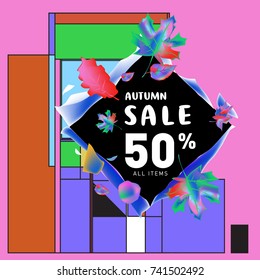 Autumn sale memphis style web banner. Fashion and travel discount poster. Vector holiday Abstract colorful illustration with special offer and promotion.