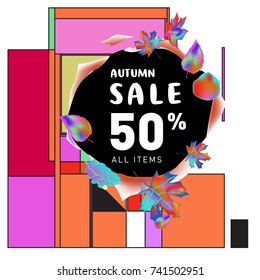 Autumn sale memphis style web banner. Fashion and travel discount poster. Vector holiday Abstract colorful illustration with special offer and promotion.