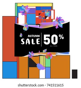 Autumn sale memphis style web banner. Fashion and travel discount poster. Vector holiday Abstract colorful illustration with special offer and promotion.