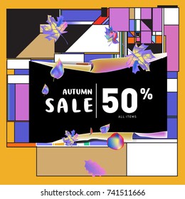 Autumn sale memphis style web banner. Fashion and travel discount poster. Vector holiday Abstract colorful illustration with special offer and promotion.