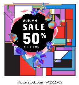 Autumn sale memphis style web banner. Fashion and travel discount poster. Vector holiday Abstract colorful illustration with special offer and promotion.