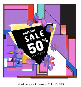 Autumn sale memphis style web banner. Fashion and travel discount poster. Vector holiday Abstract colorful illustration with special offer and promotion.