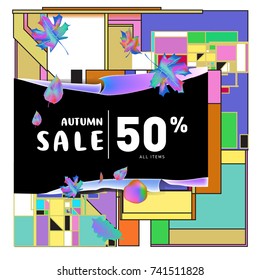 Autumn sale memphis style web banner. Fashion and travel discount poster. Vector holiday Abstract colorful illustration with special offer and promotion.