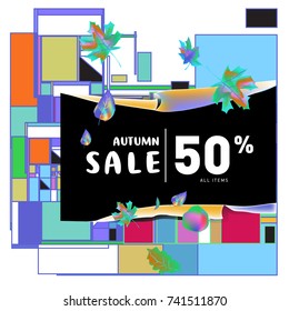 Autumn sale memphis style web banner. Fashion and travel discount poster. Vector holiday Abstract colorful illustration with special offer and promotion.