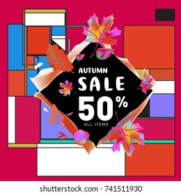 Autumn sale memphis style web banner. Fashion and travel discount poster. Vector holiday Abstract colorful illustration with special offer and promotion.