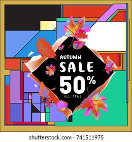 Autumn sale memphis style web banner. Fashion and travel discount poster. Vector holiday Abstract colorful illustration with special offer and promotion.