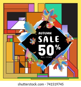 Autumn sale memphis style web banner. Fashion and travel discount poster. Vector holiday Abstract colorful illustration with special offer and promotion.