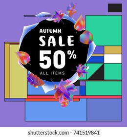 Autumn sale memphis style web banner. Fashion and travel discount poster. Vector holiday Abstract colorful illustration with special offer and promotion.