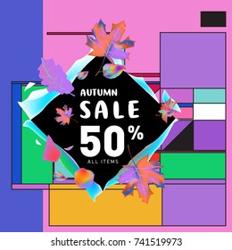 Autumn sale memphis style web banner. Fashion and travel discount poster. Vector holiday Abstract colorful illustration with special offer and promotion.