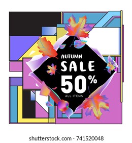 Autumn sale memphis style web banner. Fashion and travel discount poster. Vector holiday Abstract colorful illustration with special offer and promotion.