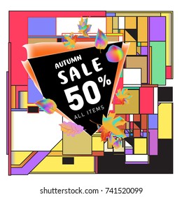 Autumn sale memphis style web banner. Fashion and travel discount poster. Vector holiday Abstract colorful illustration with special offer and promotion.
