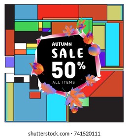 Autumn sale memphis style web banner. Fashion and travel discount poster. Vector holiday Abstract colorful illustration with special offer and promotion.