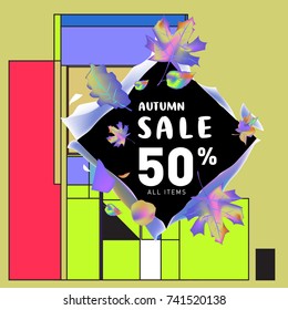 Autumn sale memphis style web banner. Fashion and travel discount poster. Vector holiday Abstract colorful illustration with special offer and promotion.