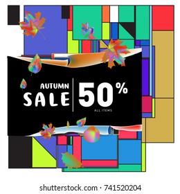 Autumn sale memphis style web banner. Fashion and travel discount poster. Vector holiday Abstract colorful illustration with special offer and promotion.