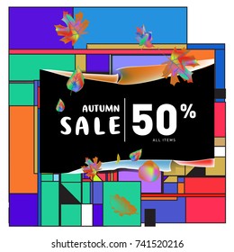 Autumn sale memphis style web banner. Fashion and travel discount poster. Vector holiday Abstract colorful illustration with special offer and promotion.