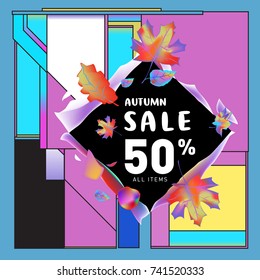 Autumn sale memphis style web banner. Fashion and travel discount poster. Vector holiday Abstract colorful illustration with special offer and promotion.