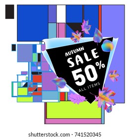 Autumn sale memphis style web banner. Fashion and travel discount poster. Vector holiday Abstract colorful illustration with special offer and promotion.