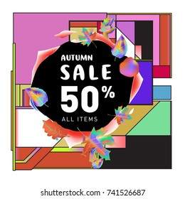 Autumn sale memphis style web banner. Fashion and travel discount poster. Vector holiday Abstract colorful illustration with special offer and promotion.