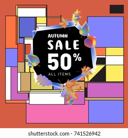 Autumn sale memphis style web banner. Fashion and travel discount poster. Vector holiday Abstract colorful illustration with special offer and promotion.
