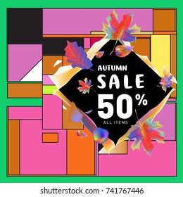 Autumn sale memphis style web banner. Fashion and travel discount poster. Vector holiday Abstract colorful illustration with special offer and promotion.