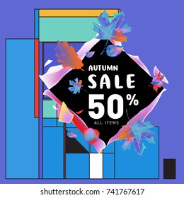 Autumn sale memphis style web banner. Fashion and travel discount poster. Vector holiday Abstract colorful illustration with special offer and promotion.
