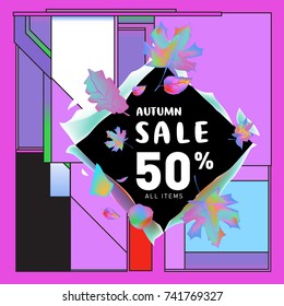 Autumn sale memphis style web banner. Fashion and travel discount poster. Vector holiday Abstract colorful illustration with special offer and promotion.