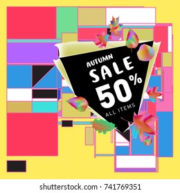 Autumn sale memphis style web banner. Fashion and travel discount poster. Vector holiday Abstract colorful illustration with special offer and promotion.