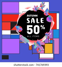 Autumn sale memphis style web banner. Fashion and travel discount poster. Vector holiday Abstract colorful illustration with special offer and promotion.