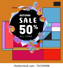 Autumn sale memphis style web banner. Fashion and travel discount poster. Vector holiday Abstract colorful illustration with special offer and promotion.