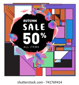 Autumn sale memphis style web banner. Fashion and travel discount poster. Vector holiday Abstract colorful illustration with special offer and promotion.