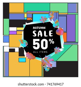 Autumn sale memphis style web banner. Fashion and travel discount poster. Vector holiday Abstract colorful illustration with special offer and promotion.