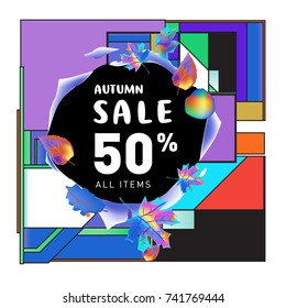 Autumn sale memphis style web banner. Fashion and travel discount poster. Vector holiday Abstract colorful illustration with special offer and promotion.