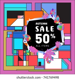 Autumn sale memphis style web banner. Fashion and travel discount poster. Vector holiday Abstract colorful illustration with special offer and promotion.