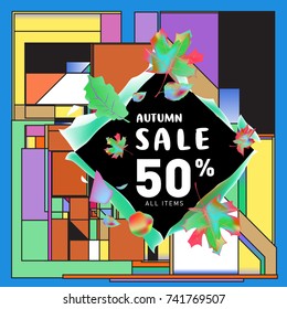 Autumn sale memphis style web banner. Fashion and travel discount poster. Vector holiday Abstract colorful illustration with special offer and promotion.
