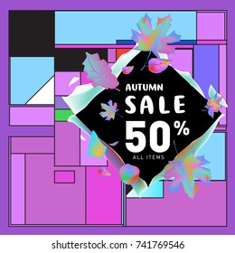 Autumn sale memphis style web banner. Fashion and travel discount poster. Vector holiday Abstract colorful illustration with special offer and promotion.